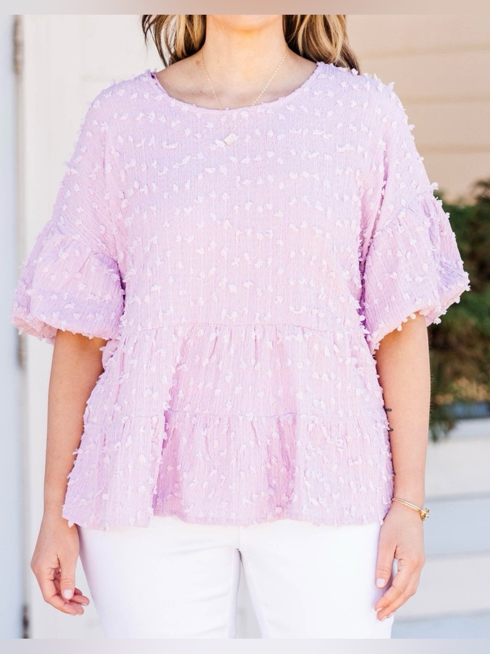 Light Pink Textured Ruffle Sleeve Women's Top